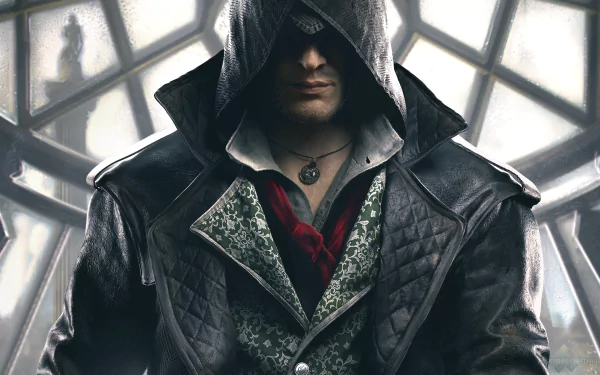 HD desktop wallpaper featuring Jacob Frye from Assassin's Creed: Syndicate, showcasing a close-up of the character in his iconic hood and outfit.
