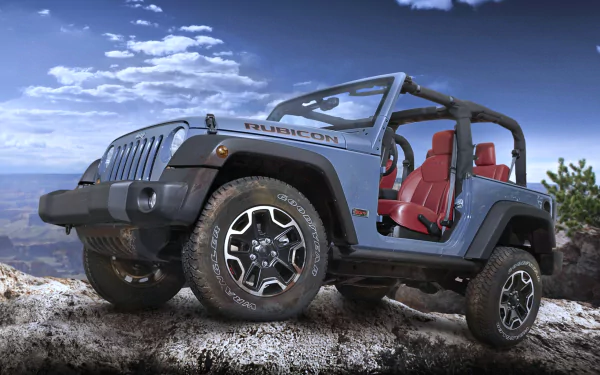 A rugged Jeep Wrangler parked on rocky terrain, showcasing its 4x4 capabilities, with a vibrant sky in the background. This striking image serves as a 4K Ultra HD desktop wallpaper.