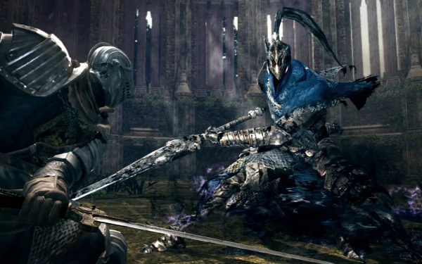 HD PC desktop wallpaper featuring Artorias from Dark Souls II engaged in intense combat, showcasing detailed armor and dark, atmospheric video game art.