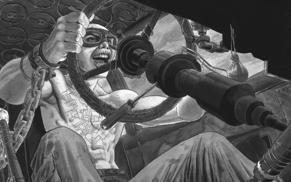 Nux from Mad Max: Fury Road gripping the steering controls in a dynamic 4K Ultra HD PC desktop wallpaper from the movie.