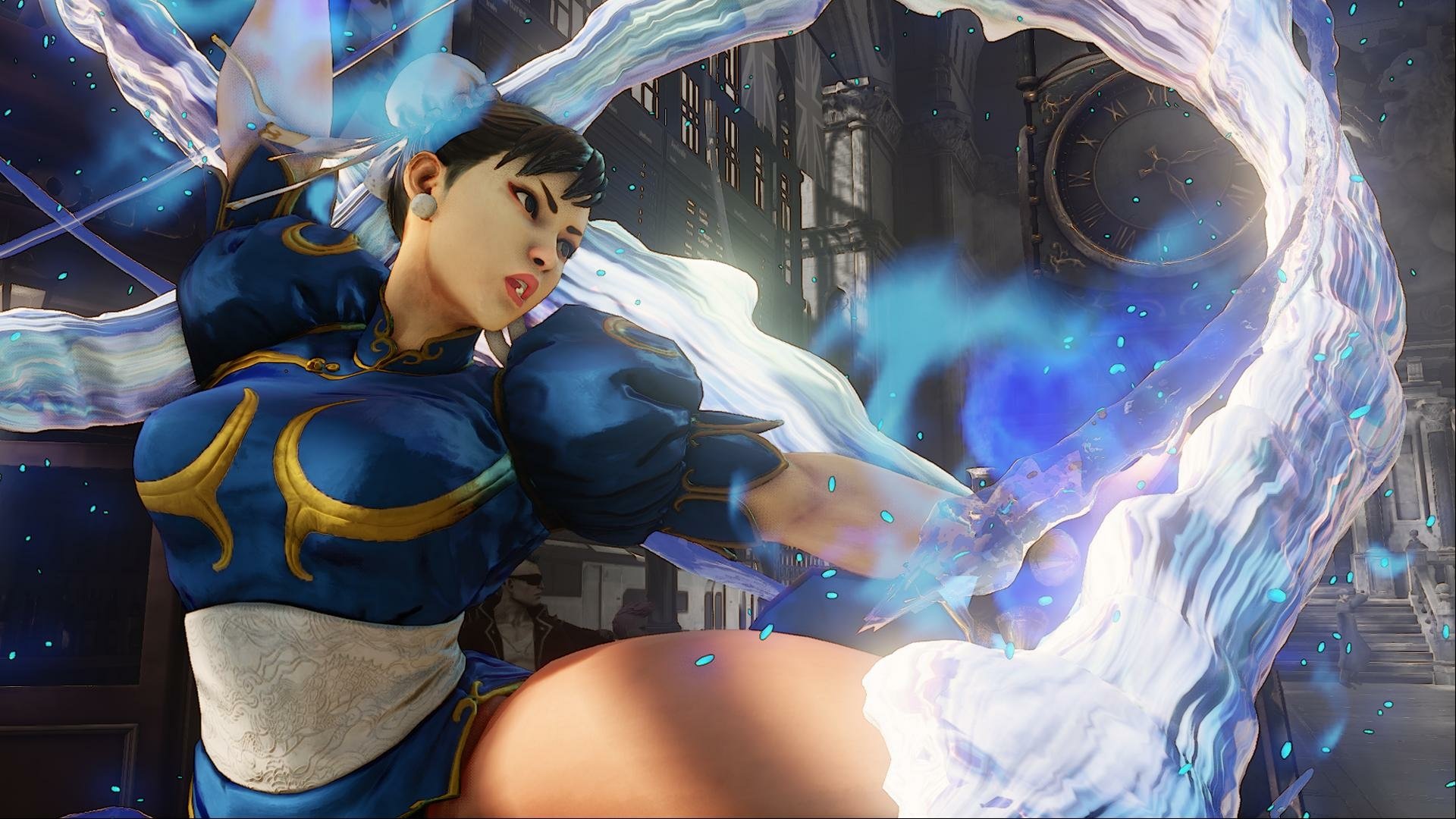 Chun-Li from Street Fighter V unleashes a powerful attack, set against a vibrant urban backdrop, showcasing dynamic action in this HD PC desktop wallpaper and background.
