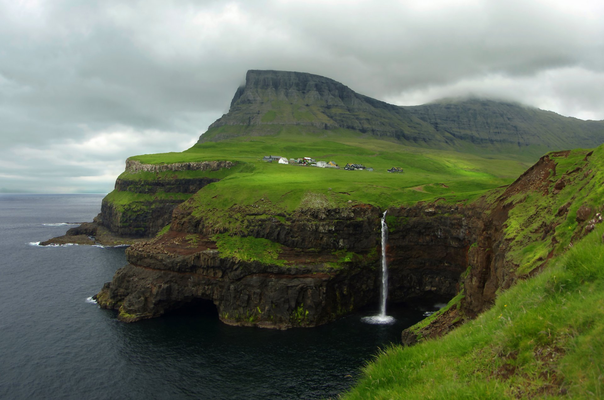 Download Coast Cloud Village Waterfall Scandinavia Denmark Faroe Islands Man Made Gásadalur 4k Ultra HD Wallpaper