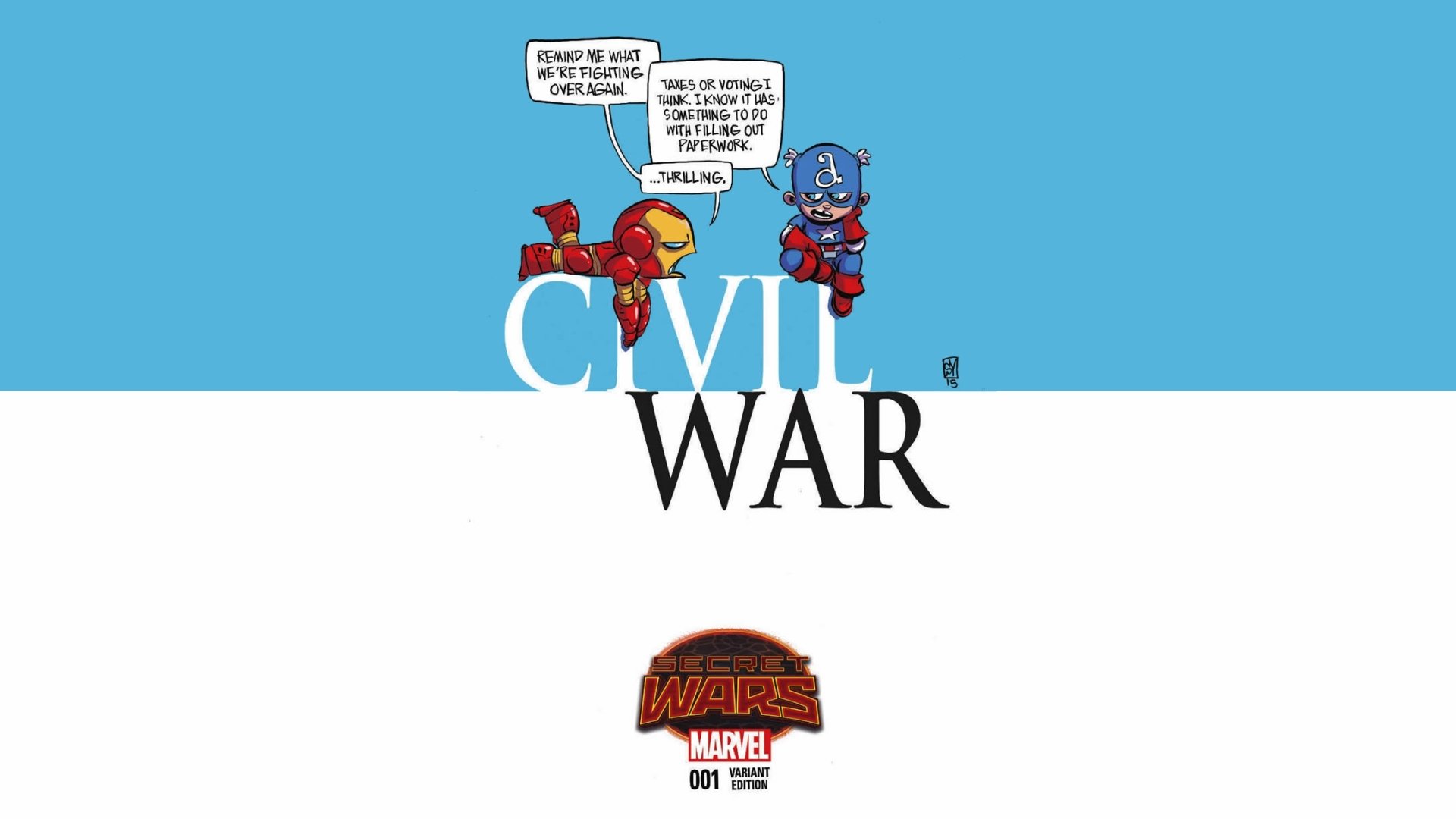 A vibrant HD wallpaper featuring Captain America and Iron Man in a comic style, with playful dialogue beneath the bold Civil War title, capturing the essence of their iconic rivalry.