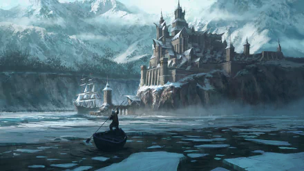 A fantasy winter city with towering castles on a snowy mountain shore, icy water with floating ice chunks, and a small boat approaching under a cloudy sky.