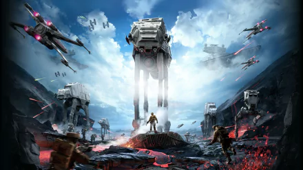 An HD desktop wallpaper featuring an intense scene from Star Wars Battlefront (2015), showcasing AT-ATs and starfighters in dramatic, action-packed combat.