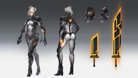 A striking HD wallpaper featuring Riven from League of Legends in a sleek bodysuit, holding a sword, alongside concept art of her weapons and helmet.