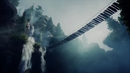 A serene rope bridge spans a misty landscape with cascading waterfalls in Valammar, a captivating scene from the video game Dragon Age: Inquisition, featured as an HD desktop wallpaper.