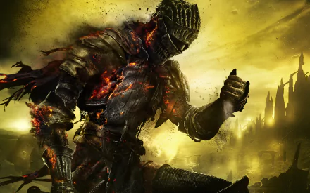 HD wallpaper of Dark Souls III showcasing a warrior in dark, fiery armor against a yellow, ominous background.