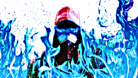 HD PC desktop wallpaper of a video game Killzone warrior in a red hood and mask, engulfed in vibrant blue fire.