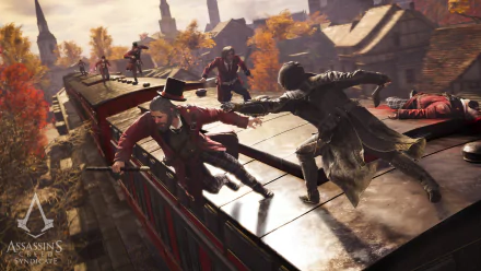 HD wallpaper featuring Jacob Frye from the video game Assassin's Creed: Syndicate, showcasing a dynamic action scene atop a train with autumn landscapes and intense gameplay.