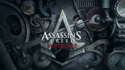 HD desktop wallpaper and background featuring the logo of the video game Assassin's Creed: Syndicate, set against a backdrop of intricate gears and mechanical components.