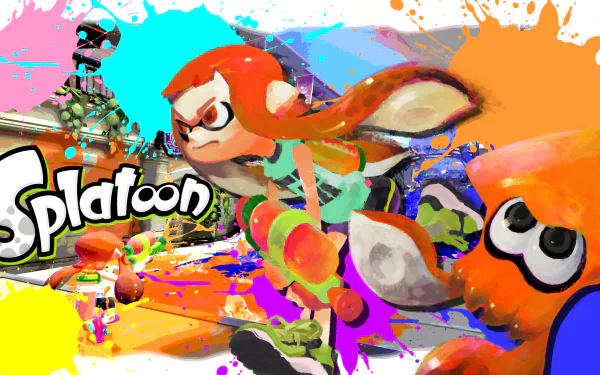 HD desktop wallpaper of Splatoon featuring vibrant ink battles and characters in dynamic poses against a colorful backdrop.