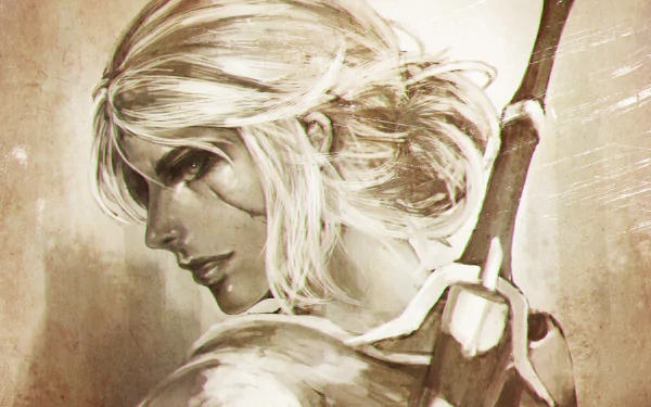 HD desktop wallpaper featuring Ciri from the video game The Witcher 3: Wild Hunt. The image showcases Ciri in a detailed and artistic portrayal, highlighting her profile with a sword on her back.