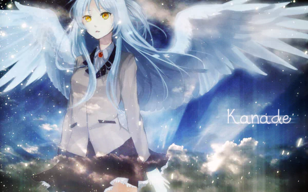 HD wallpaper featuring Kanade Tachibana from the anime Angel Beats!, showcasing her with ethereal wings against a celestial background.