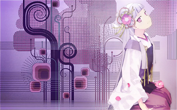 Nagi (Kannagi) from Kannagi: Crazy Shrine Maidens — anime HD PC desktop wallpaper: purple geometric background, shrine maiden outfit and floral hair accessory.
