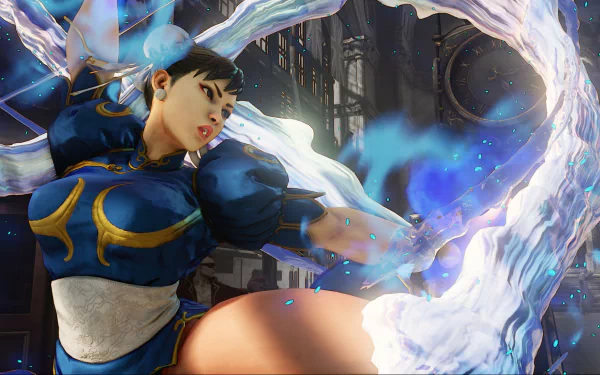 Chun-Li from Street Fighter V unleashes a powerful attack, set against a vibrant urban backdrop, showcasing dynamic action in this HD PC desktop wallpaper and background.