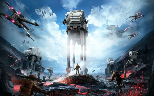 An HD desktop wallpaper featuring an intense scene from Star Wars Battlefront (2015), showcasing AT-ATs and starfighters in dramatic, action-packed combat.