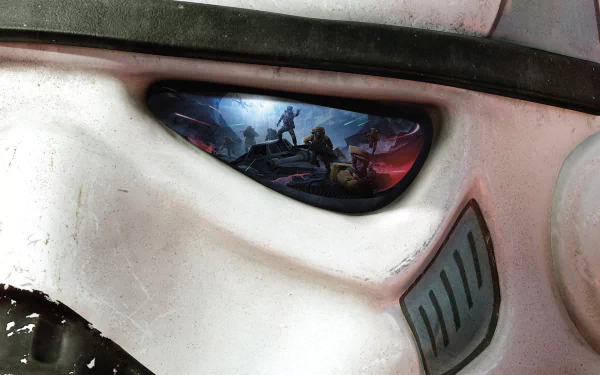 A detailed HD wallpaper featuring a Stormtrooper helmet with a vibrant scene from Star Wars Battlefront (2015) reflected in its eye lens.