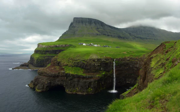 coast cloud village waterfall scandinavia Denmark Faroe Islands man made Gásadalur HD Desktop Wallpaper | Background Image