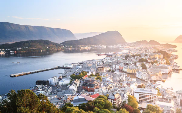 sunset More og Romsdal scandinavia town Norway man made Ålesund HD Desktop Wallpaper | Background Image