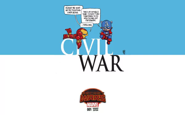 A vibrant HD wallpaper featuring Captain America and Iron Man in a comic style, with playful dialogue beneath the bold Civil War title, capturing the essence of their iconic rivalry.