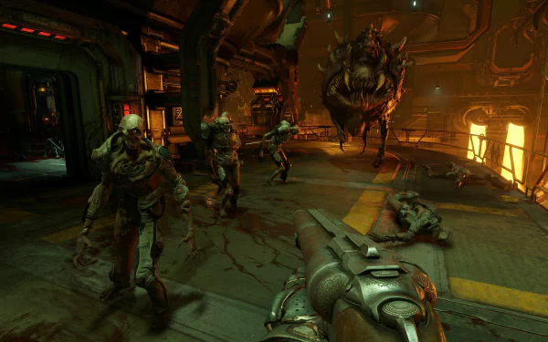 HD Doom (2016) desktop wallpaper showing an intense battle scene with a demon and space marines in a sci-fi corridor.