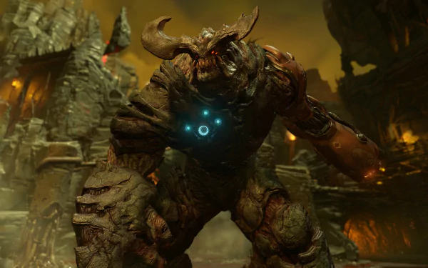 HD desktop wallpaper from Doom (2016) featuring a menacing monster in a hellish landscape.
