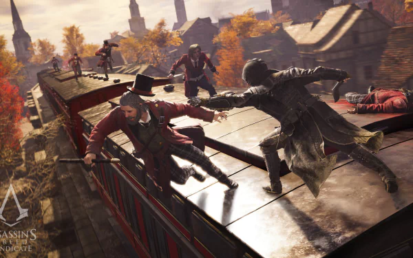HD wallpaper featuring Jacob Frye from the video game Assassin's Creed: Syndicate, showcasing a dynamic action scene atop a train with autumn landscapes and intense gameplay.