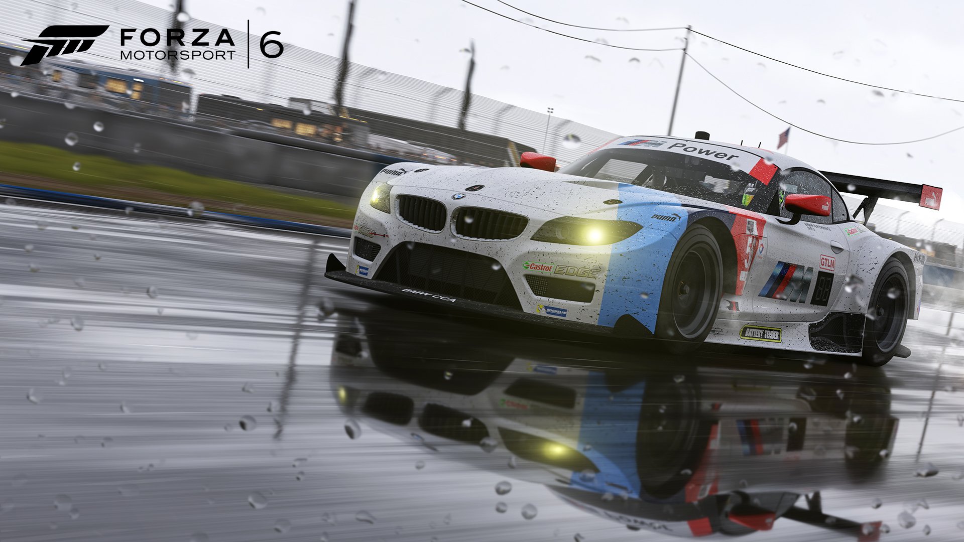 HD PC desktop wallpaper featuring a dynamic race car from the video game Forza Motorsport 6 on a wet racetrack, showcasing speed and detailed graphics.