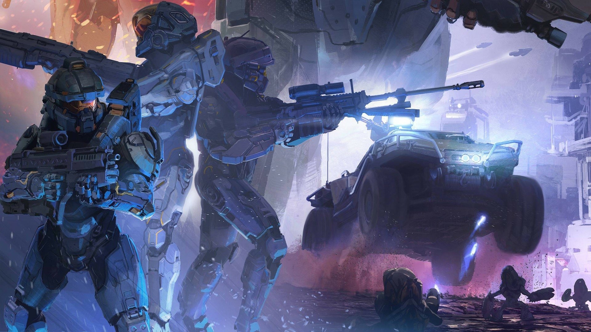 A dynamic HD wallpaper from Halo 5: Guardians, featuring armored soldiers in an intense battle scene, with futuristic vehicles and dramatic lighting effects.