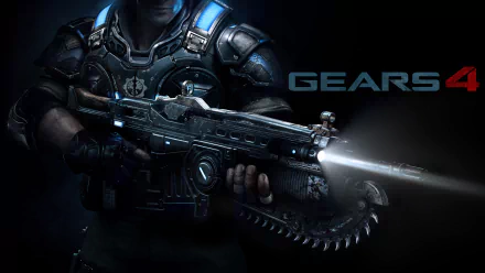 An intense HD desktop wallpaper featuring a character from Gears of War 4, holding a futuristic weapon with dramatic lighting and a dark background.