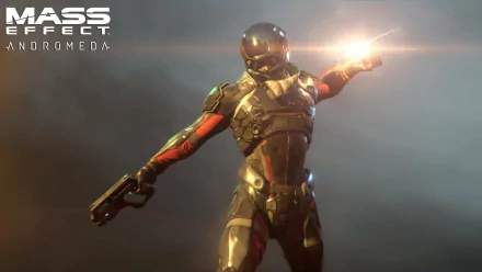 A dynamic HD wallpaper from Mass Effect: Andromeda featuring a futuristic character in a sleek suit, holding a gun, against a dramatic lighting backdrop.