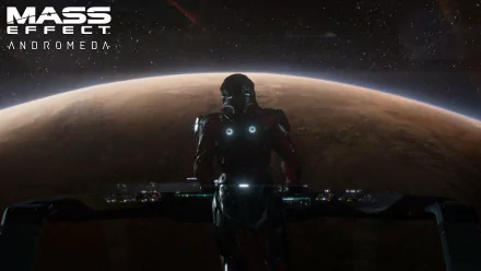 A scene from the video game Mass Effect: Andromeda, featuring a character in advanced armor gazing at a distant planet from a spacecraft, set against a cosmic backdrop.