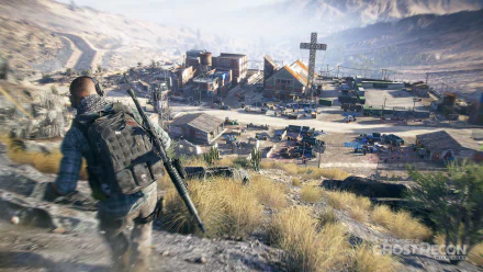 A soldier from Tom Clancy’s Ghost Recon Wildlands approaches a remote settlement, showcasing the expansive, rugged landscape in this HD PC desktop wallpaper.