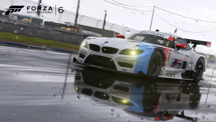 HD PC desktop wallpaper featuring a dynamic race car from the video game Forza Motorsport 6 on a wet racetrack, showcasing speed and detailed graphics.