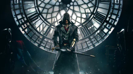 HD desktop wallpaper of Jacob Frye from Assassin's Creed: Syndicate standing with a cane sword under a large clock face.