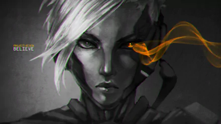 HD desktop wallpaper featuring Riven from League of Legends with a grayscale portrait and orange flame accents, capturing the game's intense and mystical atmosphere.