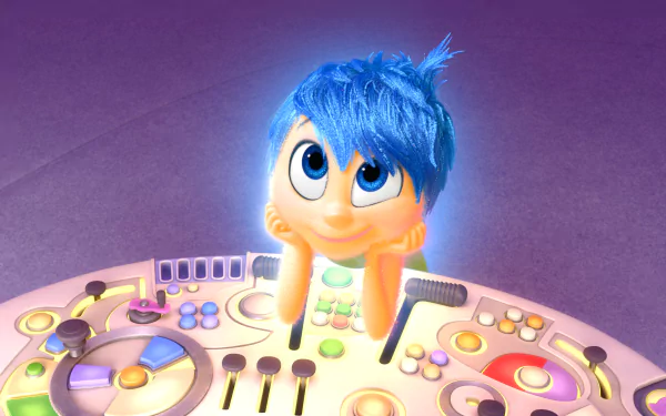 4K Ultra HD PC desktop wallpaper of Joy from the movie Inside Out, smiling above a glowing emotion-control console against a purple backdrop.