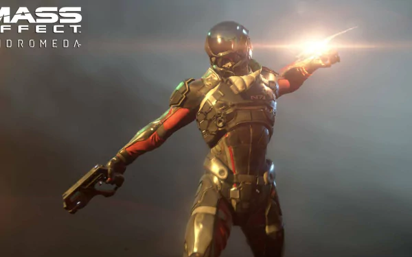 A dynamic HD wallpaper from Mass Effect: Andromeda featuring a futuristic character in a sleek suit, holding a gun, against a dramatic lighting backdrop.