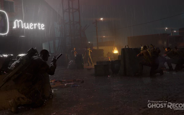 A dynamic scene from Tom Clancy’s Ghost Recon Wildlands, set in a rain-soaked urban environment, showcasing tactical gameplay with soldiers taking cover and strategizing under neon lights.