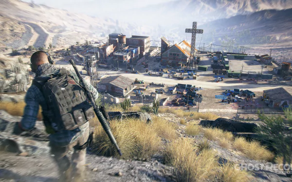 A soldier from Tom Clancy’s Ghost Recon Wildlands approaches a remote settlement, showcasing the expansive, rugged landscape in this HD PC desktop wallpaper.