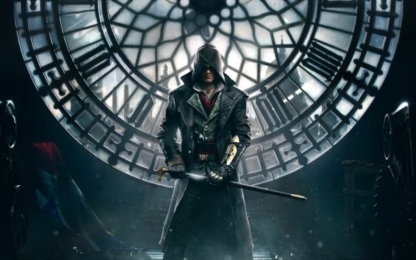 HD desktop wallpaper of Jacob Frye from Assassin's Creed: Syndicate standing with a cane sword under a large clock face.
