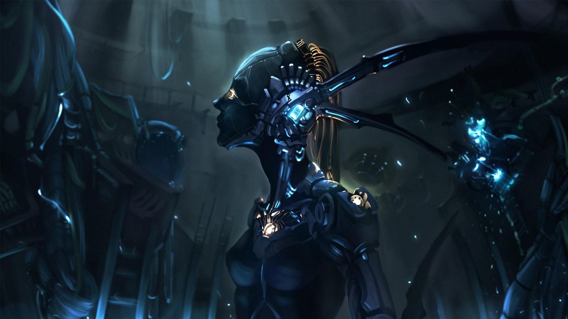 A detailed 4K Ultra HD sci-fi desktop wallpaper depicting a futuristic cyborg with glowing blue elements in a dark, advanced technological environment.