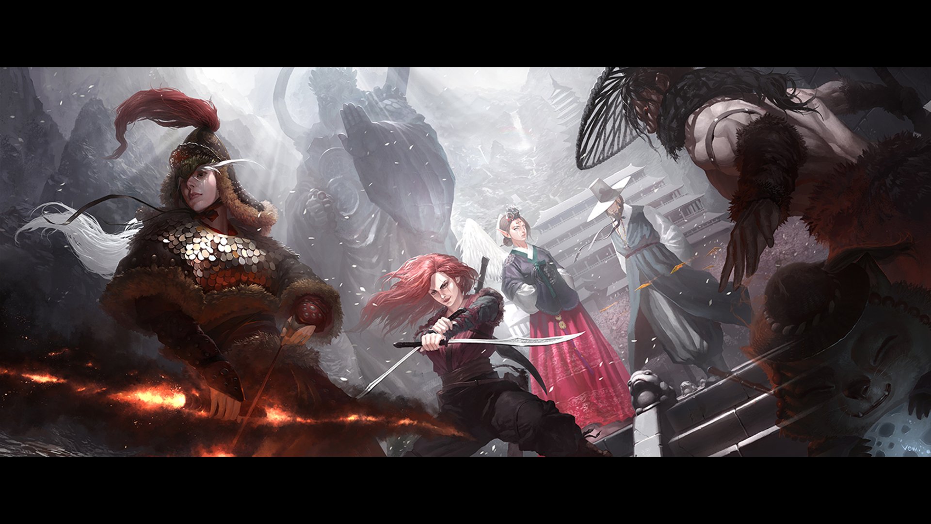 A dynamic HD wallpaper featuring characters from League of Legends: Teemo, Twisted Fate, Kayle, Katarina, Udyr, and Ashe, set against an epic, battle-worn backdrop.