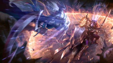 HD desktop wallpaper featuring Leona and Diana from League of Legends, engaged in a dynamic battle with swords and shields, set against a vivid, action-packed backdrop.