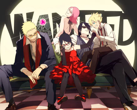 HD desktop wallpaper featuring Naruto Uzumaki, Sasuke Uchiha, Sakura Haruno, Sarada Uchiha, and Boruto Uzumaki in stylish, modern attire from Boruto: Naruto the Movie.