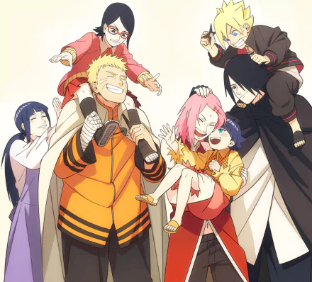 HD wallpaper featuring characters from Boruto: Naruto the Movie including Naruto Uzumaki, Sasuke Uchiha, and their families in a cheerful pose.