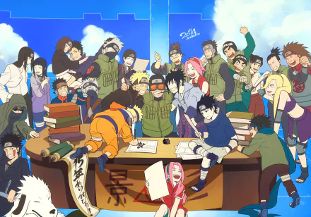 HD desktop wallpaper featuring a vibrant and colorful scene from the anime Naruto, with multiple characters joyfully gathered around a table under a blue sky.