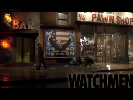 A dark urban scene from the movie Watchmen, featuring a bar, a pawn shop, and a prominent Nixon campaign poster, set against a rainy backdrop, creating a gritty atmosphere.