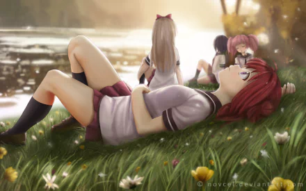 A serene YuruYuri scene featuring characters relaxing by a sunlit lake, with one girl lying on the grass while others sit nearby, surrounded by flowers, creating a peaceful atmosphere.